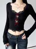 Unembellished Design Bow Lace Trim Cropped T-Shirt in Gothic Style