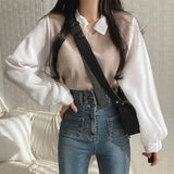 Korean summer blouse with long sleeves and polo collar