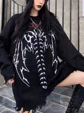 Gothic Pullover for Women Casual Knit with Skeleton Motif