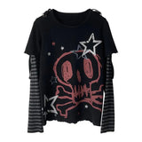 Emo Aesthetic Longsleeve T-Shirt with Skull and Stripe