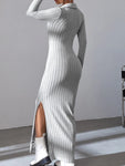 Korean Gray Knitted Dress with V-Neck and Side