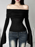 E-girl Ästhetik Elegantes Schwarz Off-Shoulder Langarmshirt