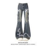 Washed grey and white flared jeans y2k with white embroidery