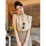 Women Blouses V-neck Korean Style Elegant Chic White Sleeveless Shirts