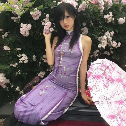 Lila Harajuku Maxi Dress in Y2K Style with Body Emphasis