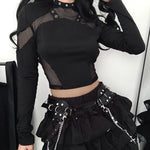 Gothic Black Crop Top with Transparent Mesh Inserts and Full Sleeves