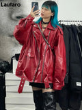 Oversized Red Shiny Crocodile Leather Biker Jacket Style