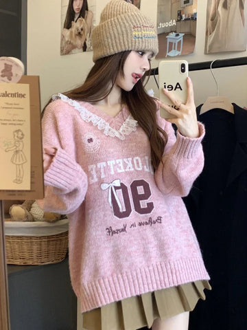 Sweet Soft-Girl Patchwork Sweater with Lace and Print