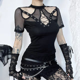 Gothic Hollow Out T-Shirt with Mesh Inserts