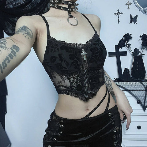 Black Gothic Camisole with Lace and Jacquard