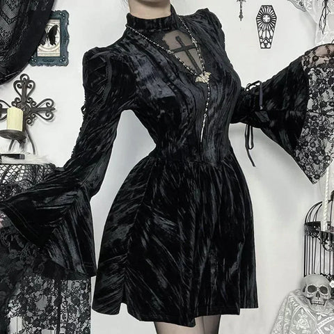 Gothic Dress for Women Lace Patchwork Puff Sleeves & High Waist