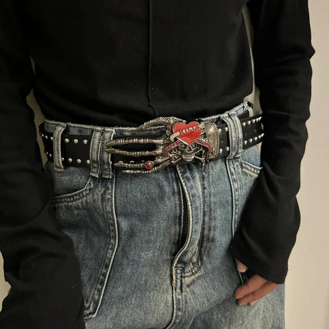 Unisex Jeans Belt with Skull and Heart-Shaped Design Emo Gothic Style