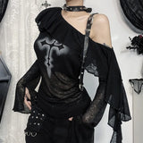 Unique Black Sweater in Gothic Style with Ruffles