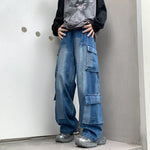 E-girl Patchwork Checkered Cargo Jeans for Women Baggy Denim