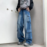 E-girl Patchwork Checkered Cargo Jeans for Women Baggy Denim