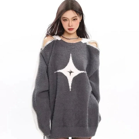 Comfortable Y2K Sweater with Off-Shoulder Design and Star Motif