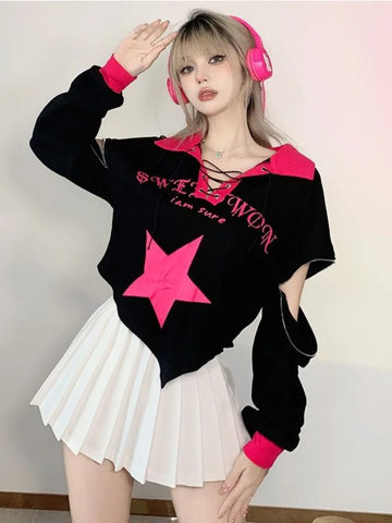 Egirl Zip-Hoodie mit Sternenprint und Slogan für trendige Streetwear