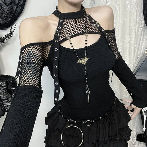 Grunge Fishnet Patchwork Off Shoulder T-Shirt with Unique Style