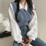 Korean summer blouse with long sleeves and polo collar