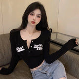 K-Pop Style Crop Tops with Long Sleeves and Print