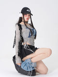 Off Shoulder Patchwork Denim Top with Bow Fairycore Style