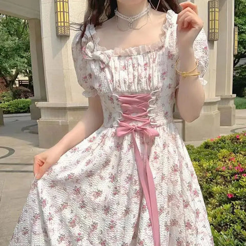 Romantic flower dress with puff sleeves & lacing in cottagecore style