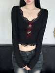 Unembellished Design Bow Lace Trim Cropped T-Shirt in Gothic Style