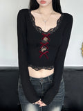 Unembellished Design Bow Lace Trim Cropped T-Shirt in Gothic Style