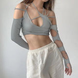 Avantgarde Techwear Crop Top mit Cutouts und langen Ärmeln