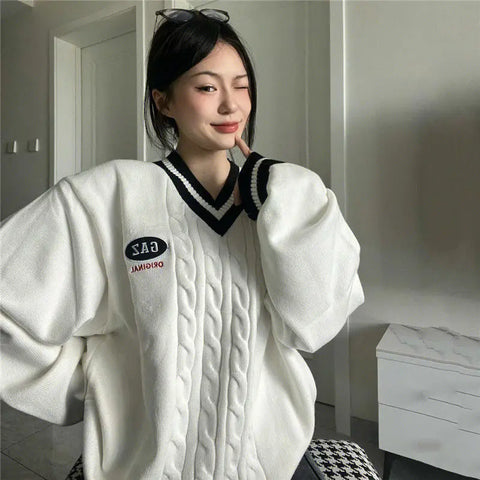 Oversized E-girl V-neck Sweater for Women Knit Pullover