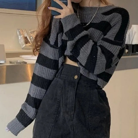 Pull Crop Top gestreiftes Schwarz-Weißes Koreanischer Stil