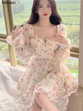 Korean style Summer Sweet V-Neck Floral Chiffon Dress Women Elegant Long Sleeve Ruffles