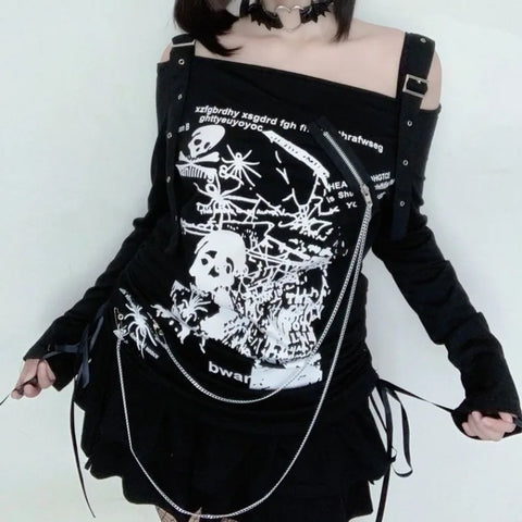 Oversize Gothic Slash Neck Top Casual Black Hoodie