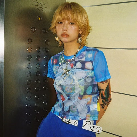 Stylish Japanese anime t-shirt with 2000s mesh aesthetic in bla