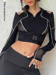 Schwarzes Gothic Crop-Top mit Schnallen und Mesh