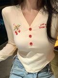 Springy V-neck crop top with cherry embroidery