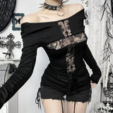 Cyber Goth Top with Lace Patchwork and Cross Motif