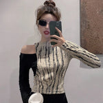 Asymmetric Long Sleeve Shirt with Stripe Patchwork in Korean Style