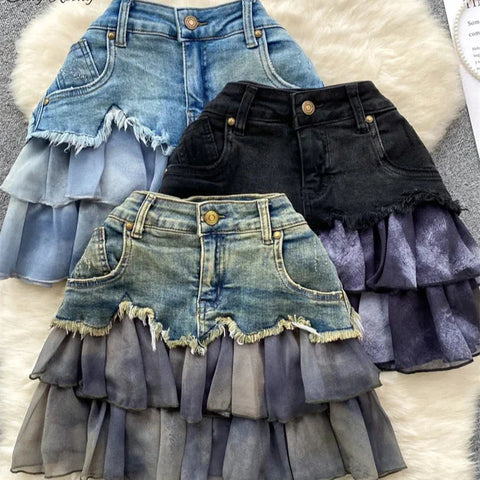 Seductive Mini Skirt with Ruffle Vintage Denim and Chiffon for a Unique Look