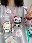 Harajuku Kawaii Hoodie with Stripes & Cartoon Print for Women