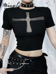 Schwarzes Gothic-T-Shirt mit Kreuz-Ausschnitt und Rückenfrei