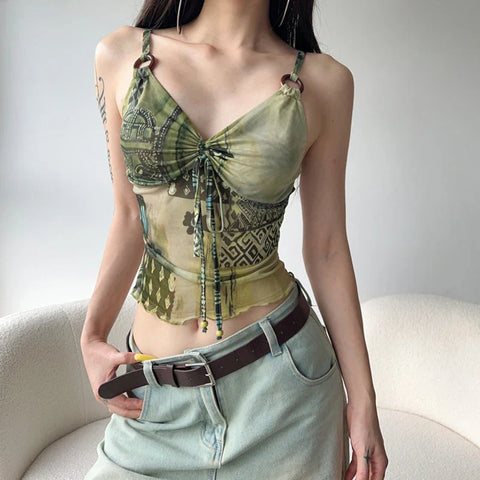 Y2K Graphic Print Camisole with Ring Detail Green V-Neck