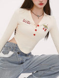 Springy V-neck crop top with cherry embroidery