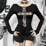 Cyber Goth Top with Lace Patchwork and Cross Motif