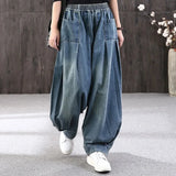 Indie-style oversized jeans with wide legs and Asian flair