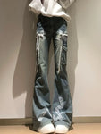 Washed grey and white flared jeans y2k with white embroidery