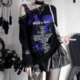 Lose Gothic Off-Shoulder T-Shirt with Cross Print and Angel Wings