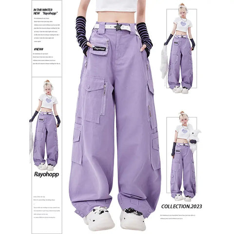 Y2K Retro Lila Latzhose mit weitem Bein und hohem Bund