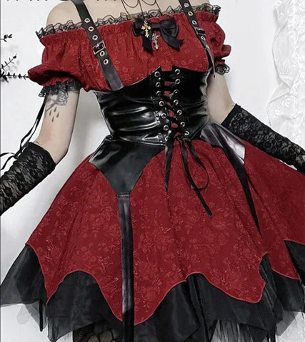 Gothik-Viktoriaans Kleid in Schwarz-Rot mit Korsett-Detail