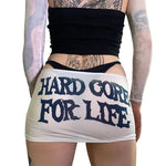 Cyber ​​y2k mini skirt with slogan "hardcore for life" low-waist style for party